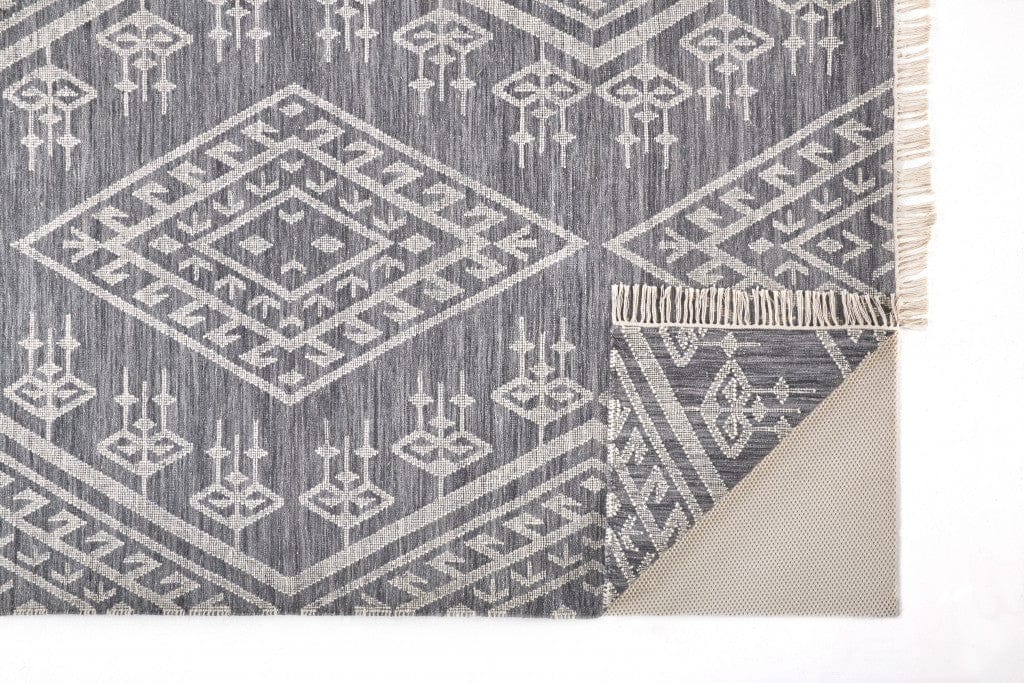 5' X 8' Gray Ivory And Blue Wool Geometric Dhurrie Flatweave Handmade Area Rug With Fringe
