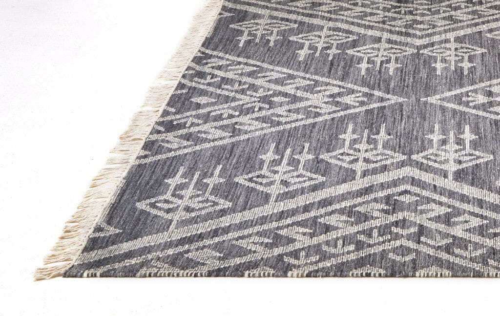 5' X 8' Gray Ivory And Blue Wool Geometric Dhurrie Flatweave Handmade Area Rug With Fringe