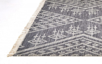 5' X 8' Gray Ivory And Blue Wool Geometric Dhurrie Flatweave Handmade Area Rug With Fringe