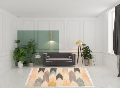 5' X 8' Tan Blue And Orange Geometric Dhurrie Flatweave Handmade Area Rug With Fringe