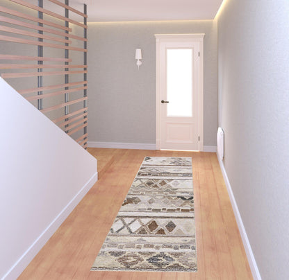 8' Ivory Tan And Gray Wool Abstract Tufted Handmade Runner Rug