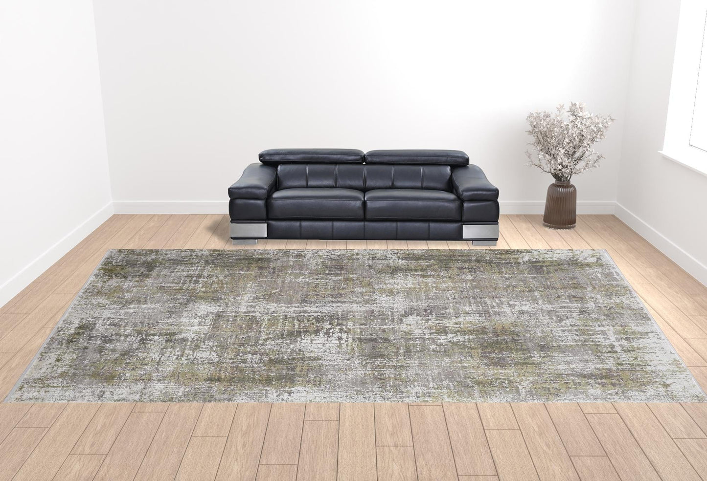 3' X 5' Green Gray And Ivory Abstract Power Loom Distressed Area Rug With Fringe