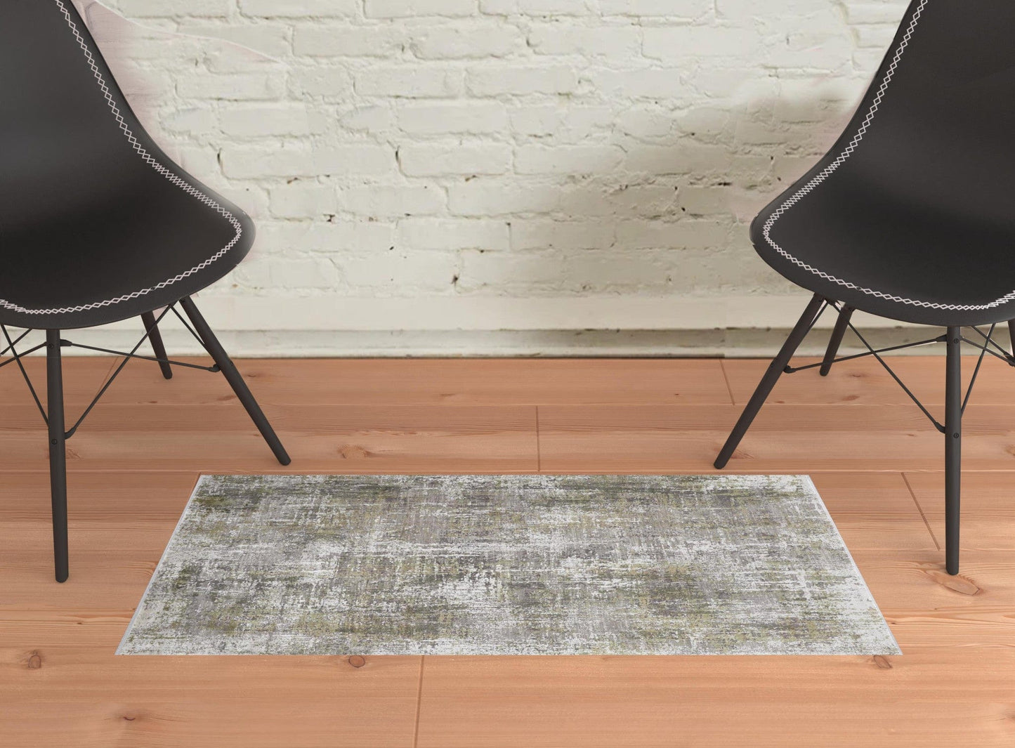 3' X 5' Green Gray And Ivory Abstract Power Loom Distressed Area Rug With Fringe