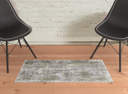 3' X 5' Green Gray And Ivory Abstract Power Loom Distressed Area Rug With Fringe