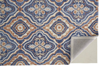 5' X 8' Blue Orange And Ivory Wool Geometric Tufted Handmade Stain Resistant Area Rug