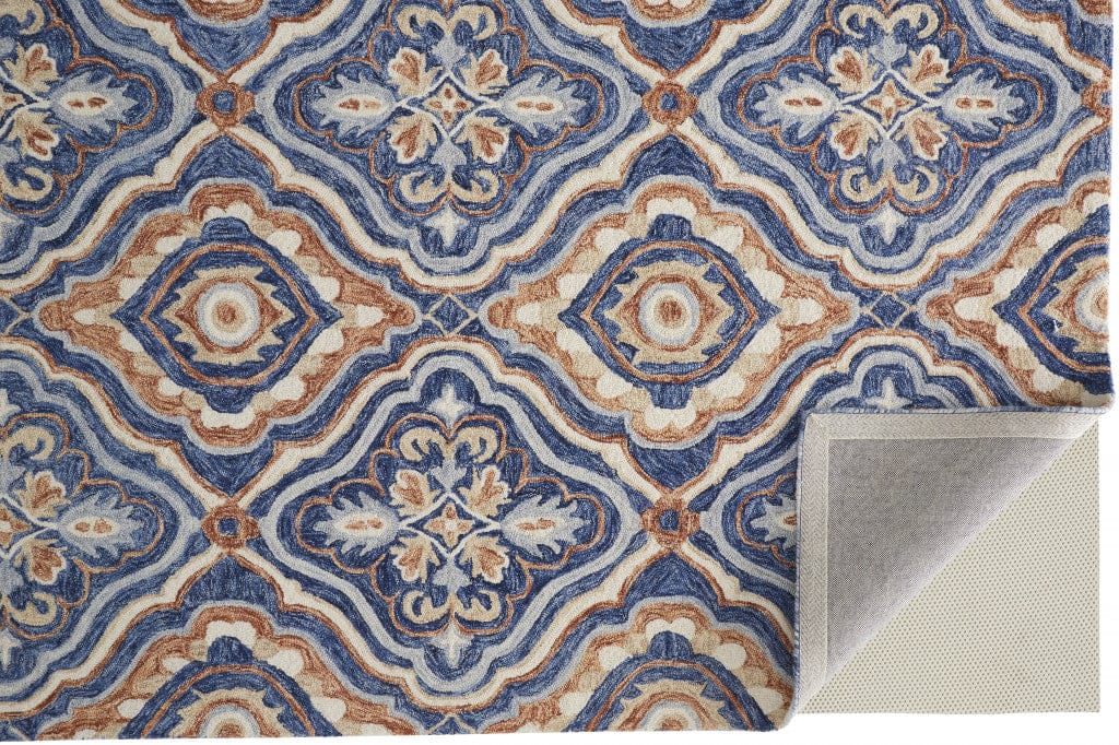 5' X 8' Blue Orange And Ivory Wool Geometric Tufted Handmade Stain Resistant Area Rug