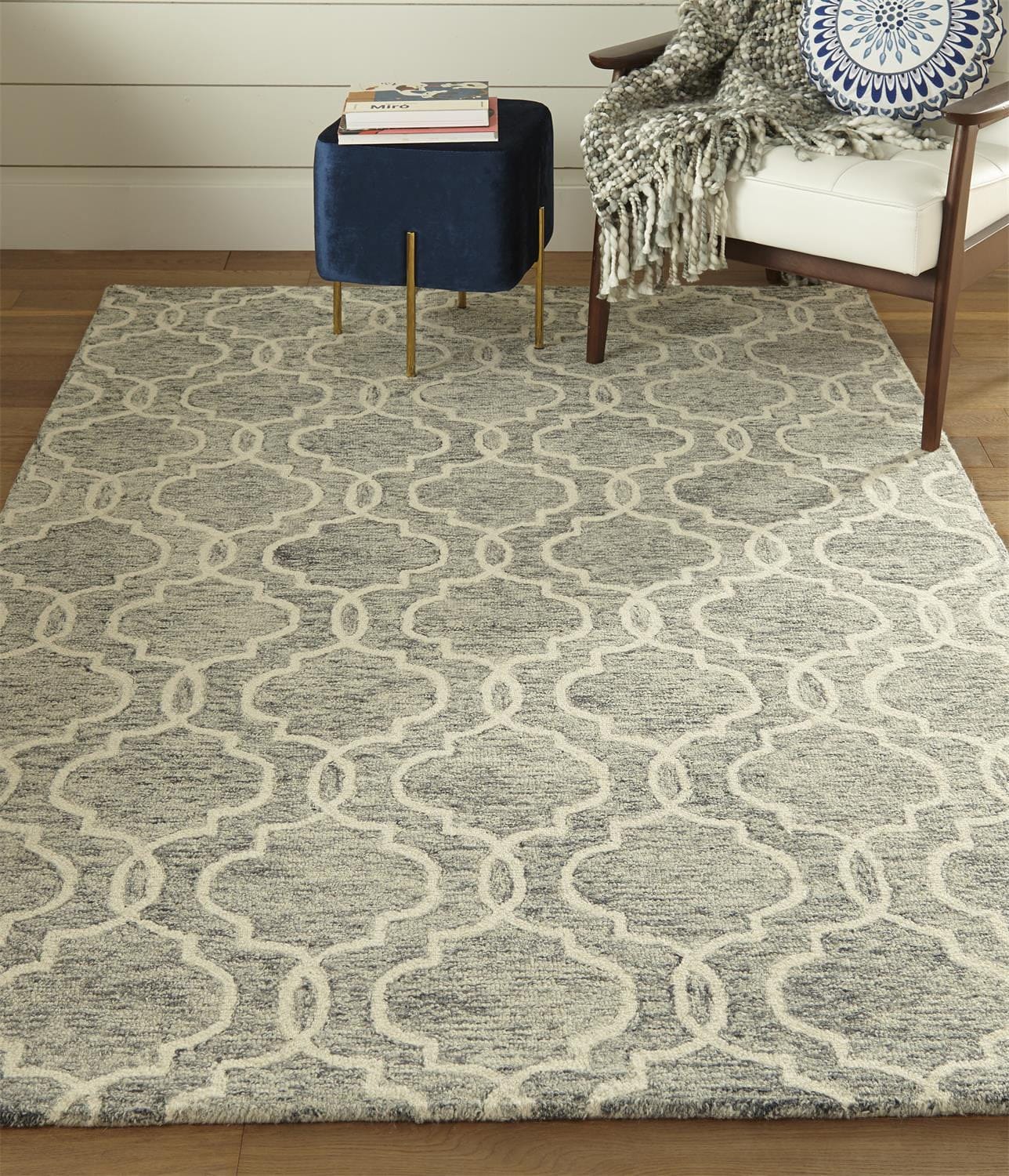 5' X 8' Blue Gray And Ivory Wool Geometric Tufted Handmade Stain Resistant Area Rug