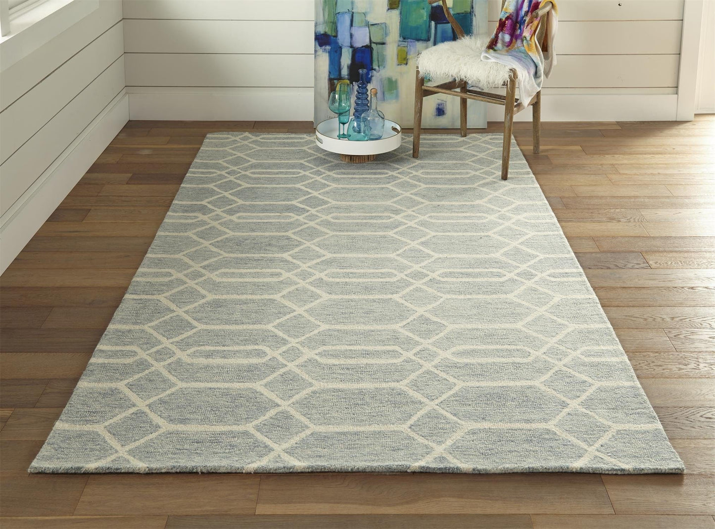 5' X 8' Blue And Ivory Wool Geometric Tufted Handmade Stain Resistant Area Rug
