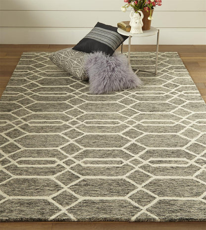 5' X 8' Blue And Ivory Wool Geometric Tufted Handmade Stain Resistant Area Rug