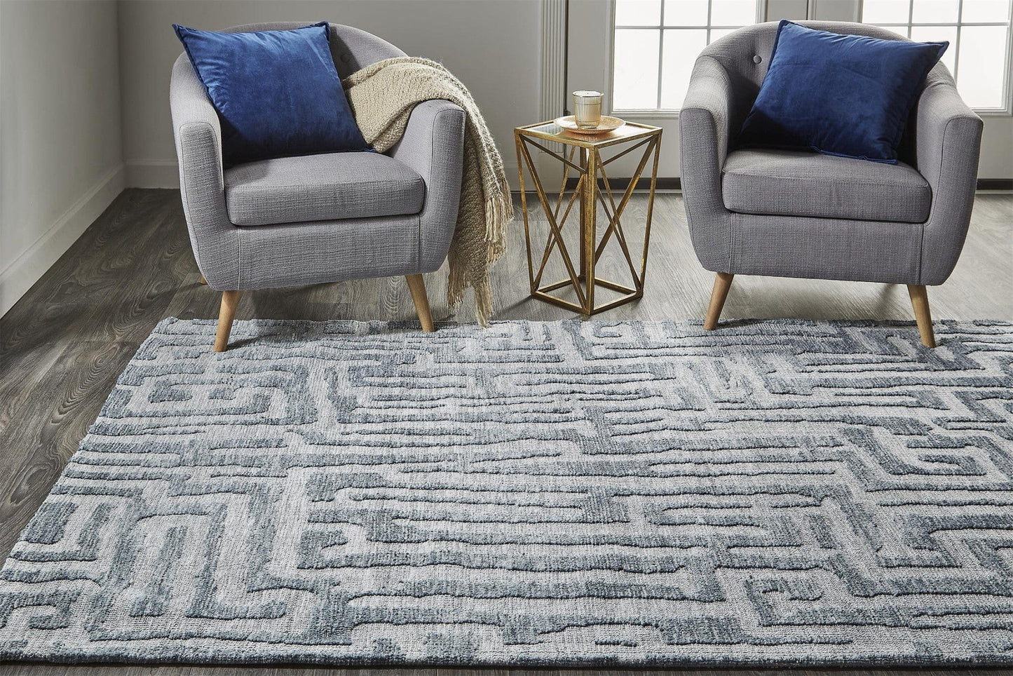 4' X 6' Blue Ivory And Gray Geometric Stain Resistant Area Rug