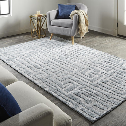 4' X 6' Blue Ivory And Gray Geometric Stain Resistant Area Rug
