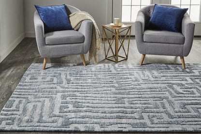 4' X 6' Blue Ivory And Gray Geometric Stain Resistant Area Rug