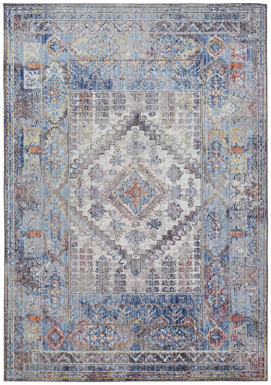 4' X 6' Blue Gray And Ivory Floral Stain Resistant Area Rug