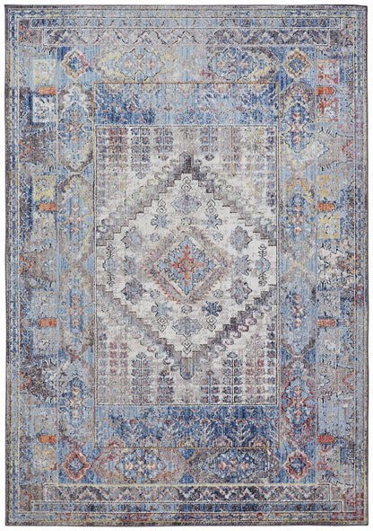4' X 6' Blue Gray And Ivory Floral Stain Resistant Area Rug