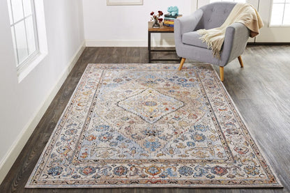 4' X 6' Taupe Blue And Gray Floral Stain Resistant Area Rug