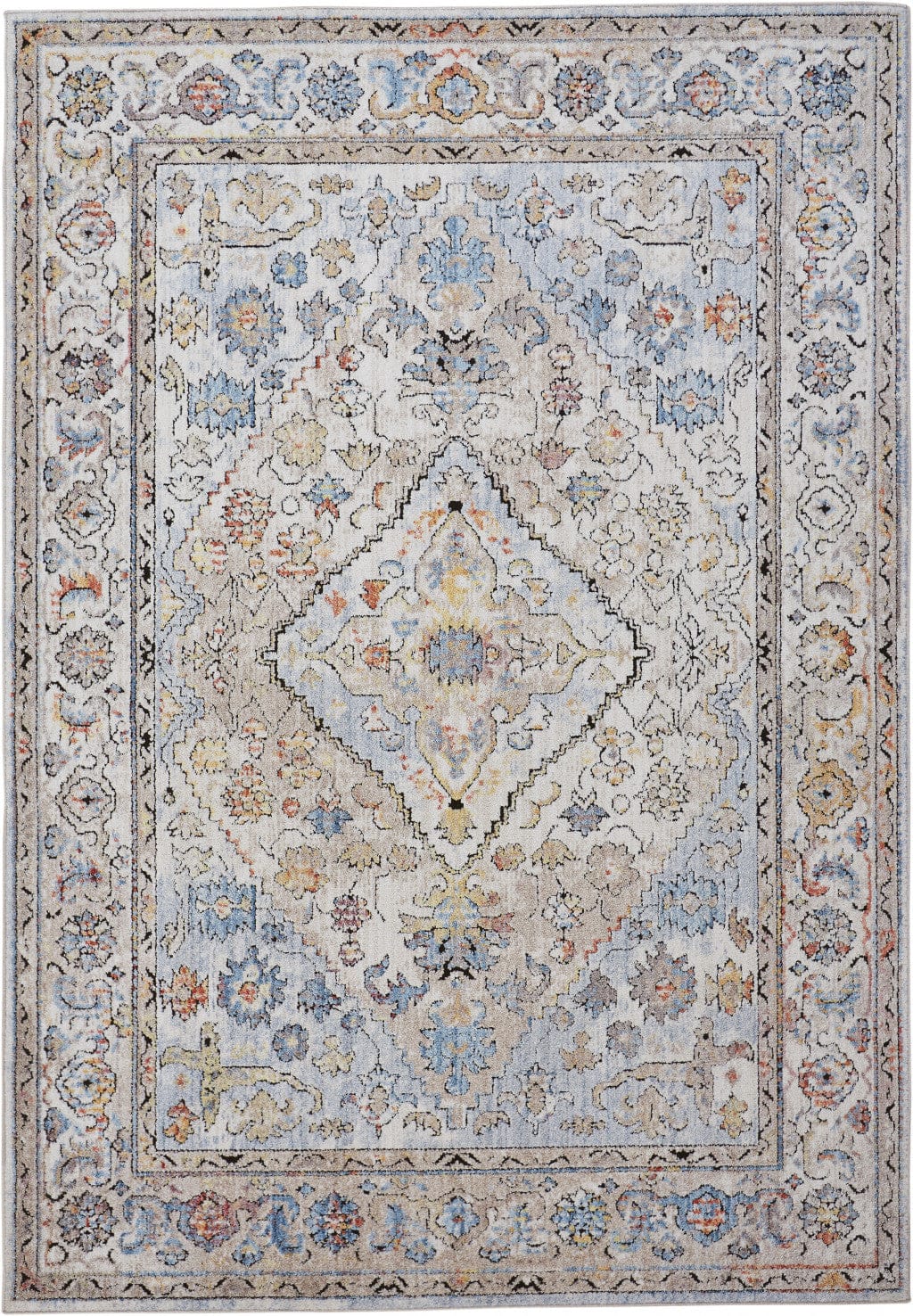 4' X 6' Taupe Blue And Gray Floral Stain Resistant Area Rug