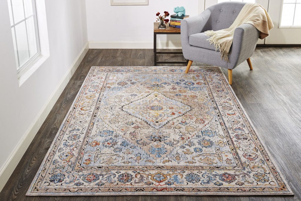 4' X 6' Taupe Blue And Gray Floral Stain Resistant Area Rug