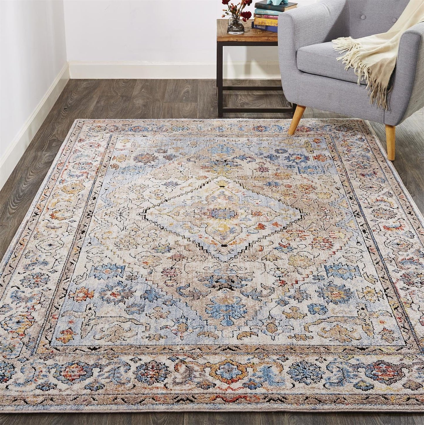 4' X 6' Taupe Blue And Gray Floral Stain Resistant Area Rug