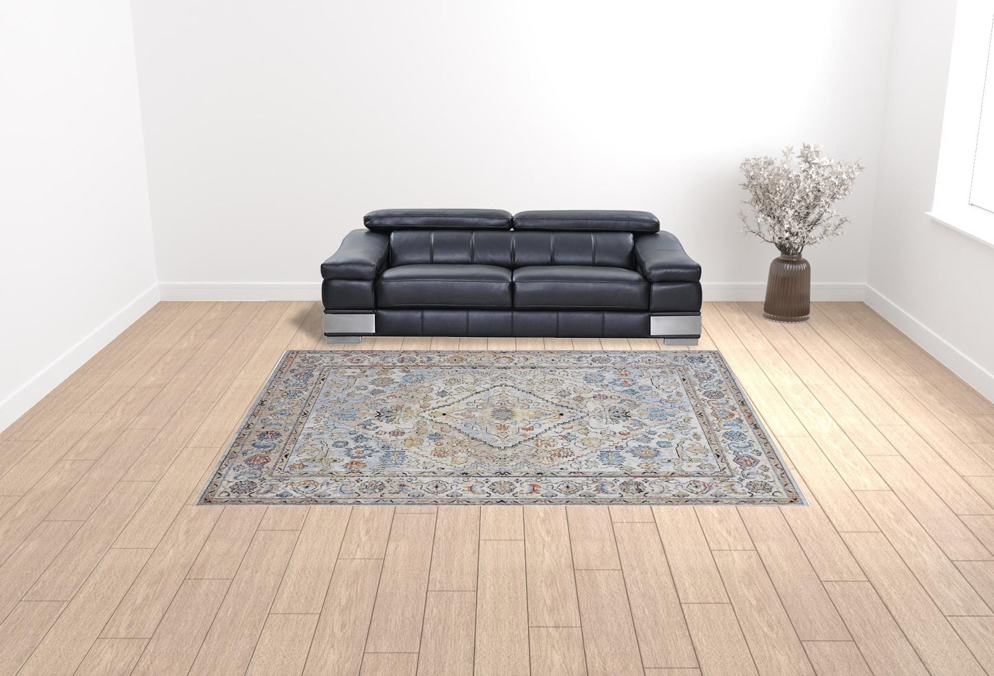 4' X 6' Taupe Blue And Gray Floral Stain Resistant Area Rug