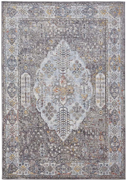 4' X 6' Gray Blue And Gold Floral Stain Resistant Area Rug