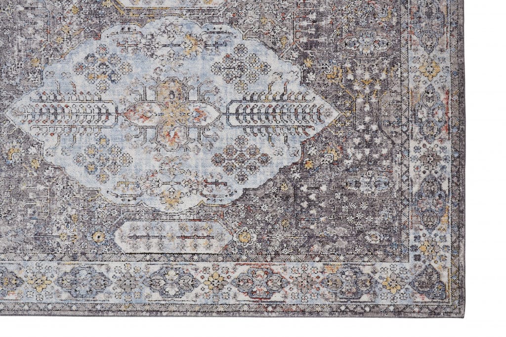 4' X 6' Gray Blue And Gold Floral Stain Resistant Area Rug