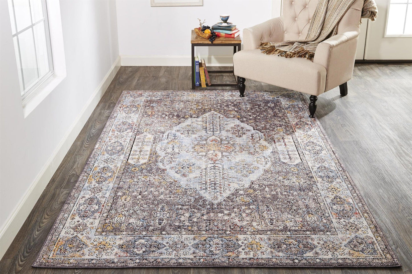 4' X 6' Gray Blue And Gold Floral Stain Resistant Area Rug