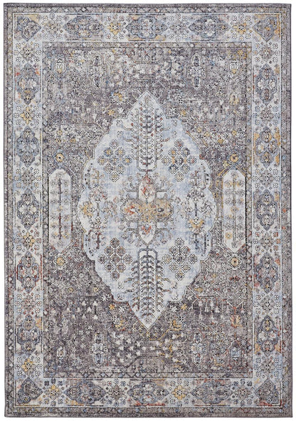 4' X 6' Gray Blue And Gold Floral Stain Resistant Area Rug