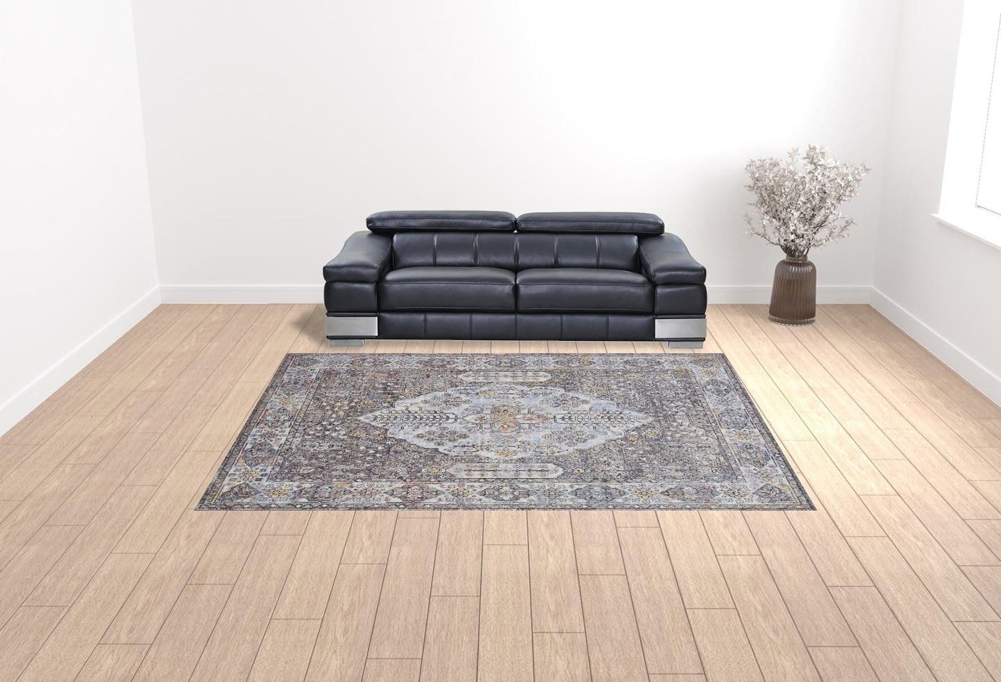 4' X 6' Gray Blue And Gold Floral Stain Resistant Area Rug