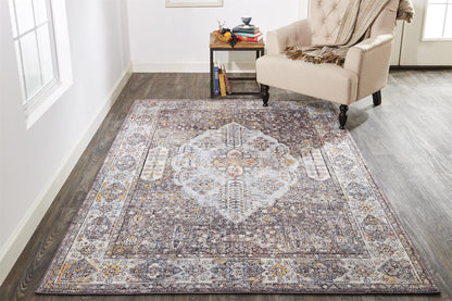 4' X 6' Gray Blue And Gold Floral Stain Resistant Area Rug