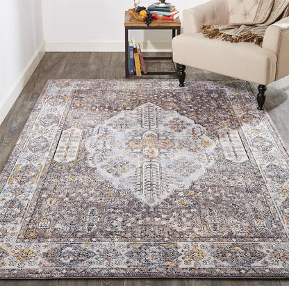 4' X 6' Gray Blue And Gold Floral Stain Resistant Area Rug