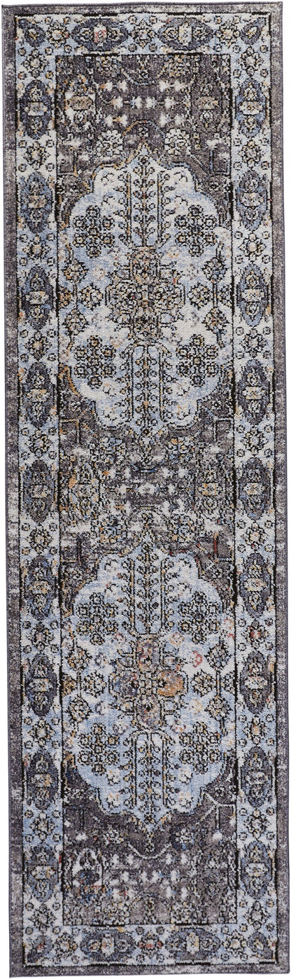4' X 6' Gray Blue And Gold Floral Stain Resistant Area Rug