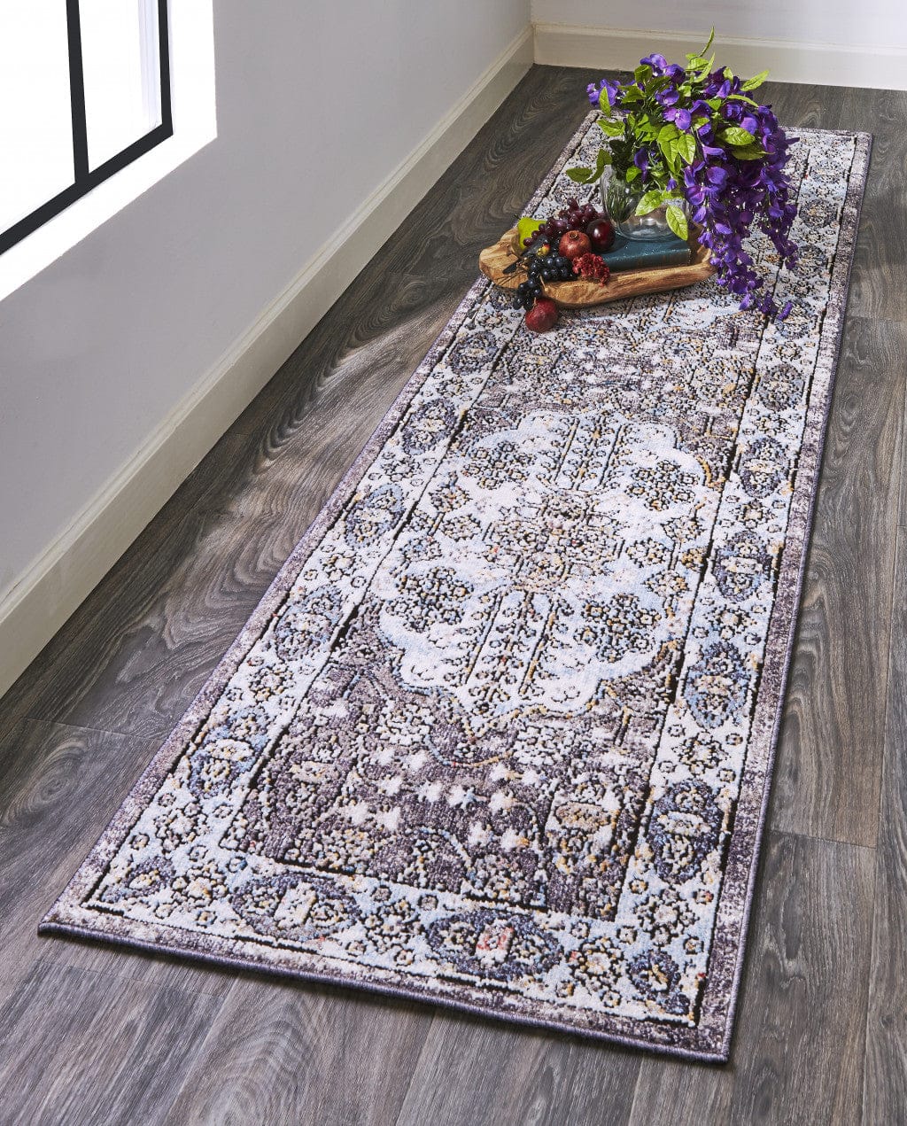 4' X 6' Gray Blue And Gold Floral Stain Resistant Area Rug