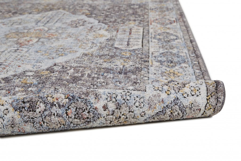 4' X 6' Gray Blue And Gold Floral Stain Resistant Area Rug