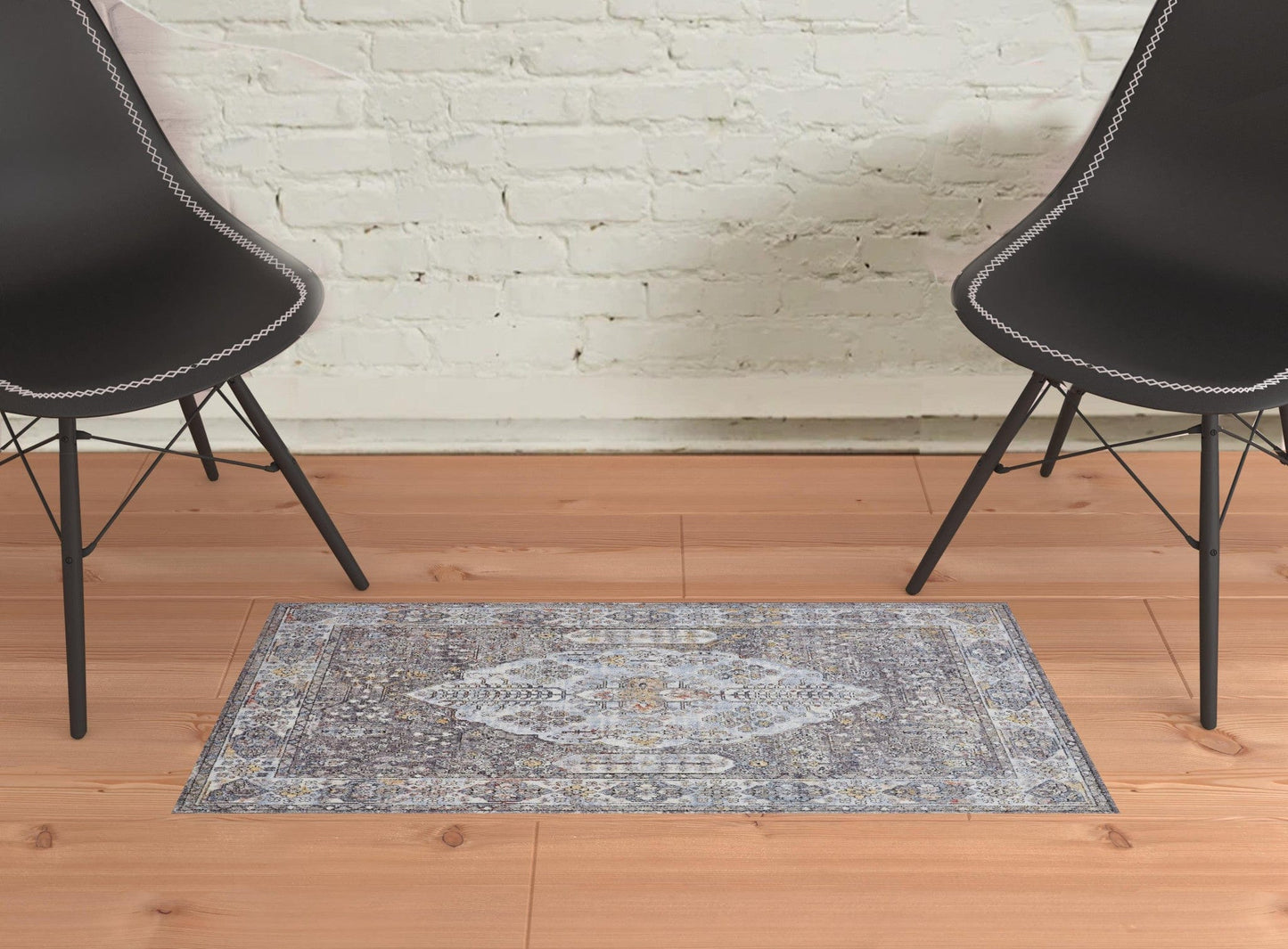 4' X 6' Gray Blue And Gold Floral Stain Resistant Area Rug