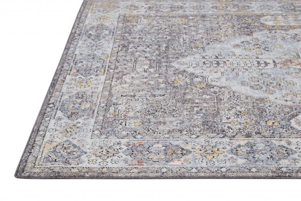 4' X 6' Gray Blue And Gold Floral Stain Resistant Area Rug