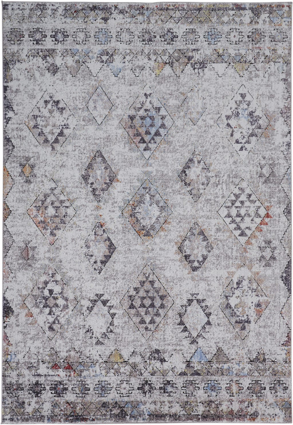 4' X 6' Gray Taupe And Blue Geometric Stain Resistant Area Rug