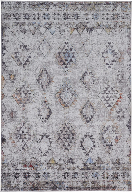 4' X 6' Gray Taupe And Blue Geometric Stain Resistant Area Rug