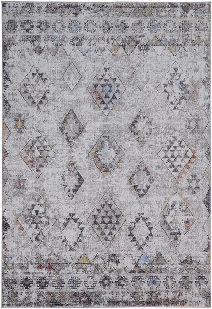 4' X 6' Gray Taupe And Blue Geometric Stain Resistant Area Rug