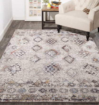 4' X 6' Gray Taupe And Blue Geometric Stain Resistant Area Rug