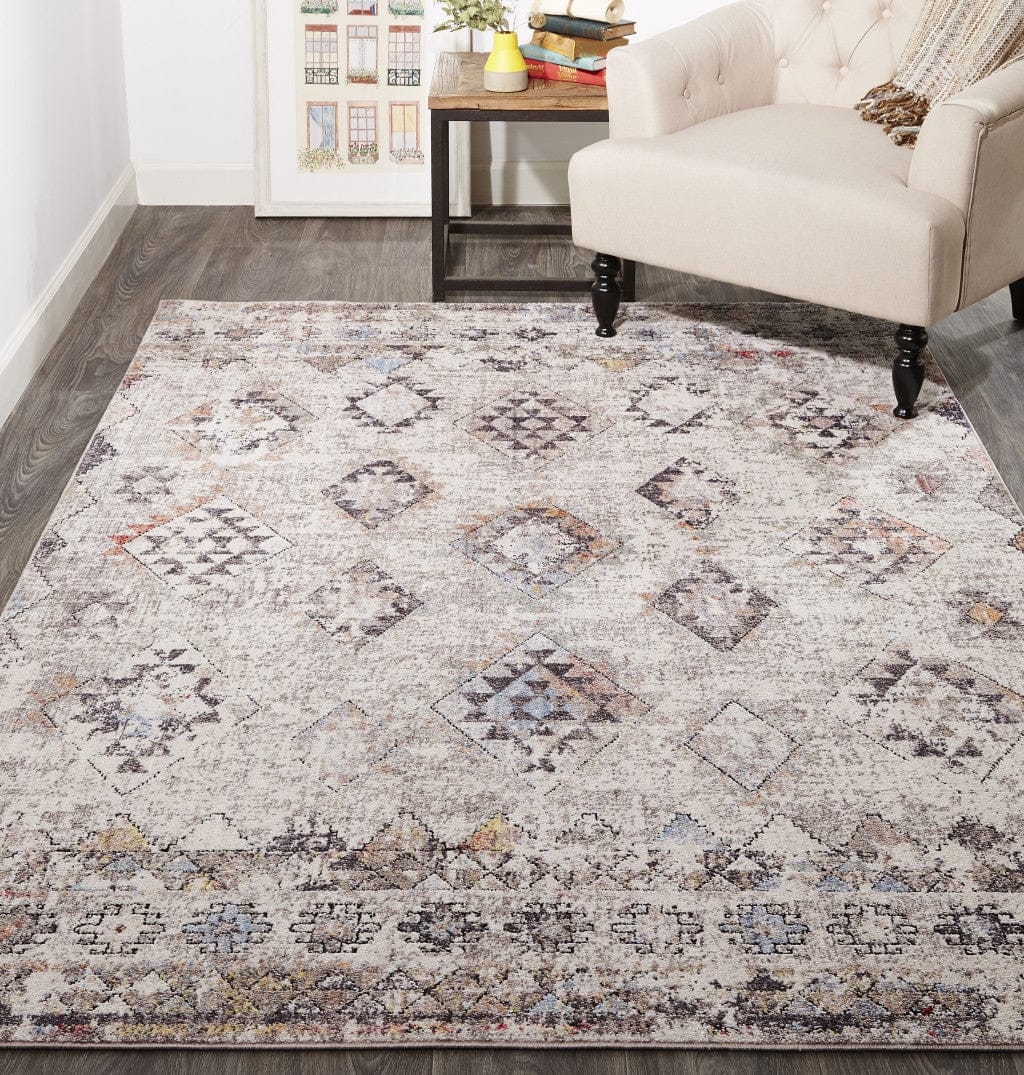 4' X 6' Gray Taupe And Blue Geometric Stain Resistant Area Rug