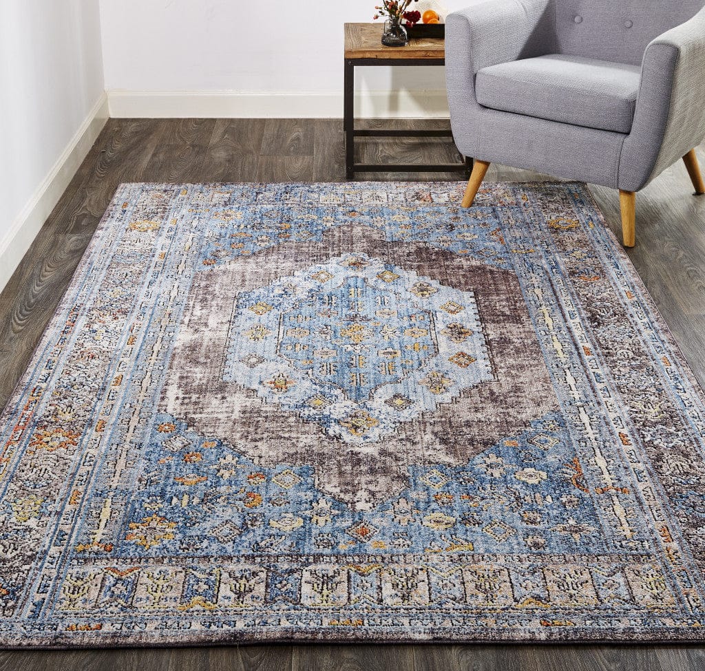 4' X 6' Blue Gray And Gold Floral Stain Resistant Area Rug