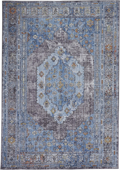 4' X 6' Blue Gray And Gold Floral Stain Resistant Area Rug
