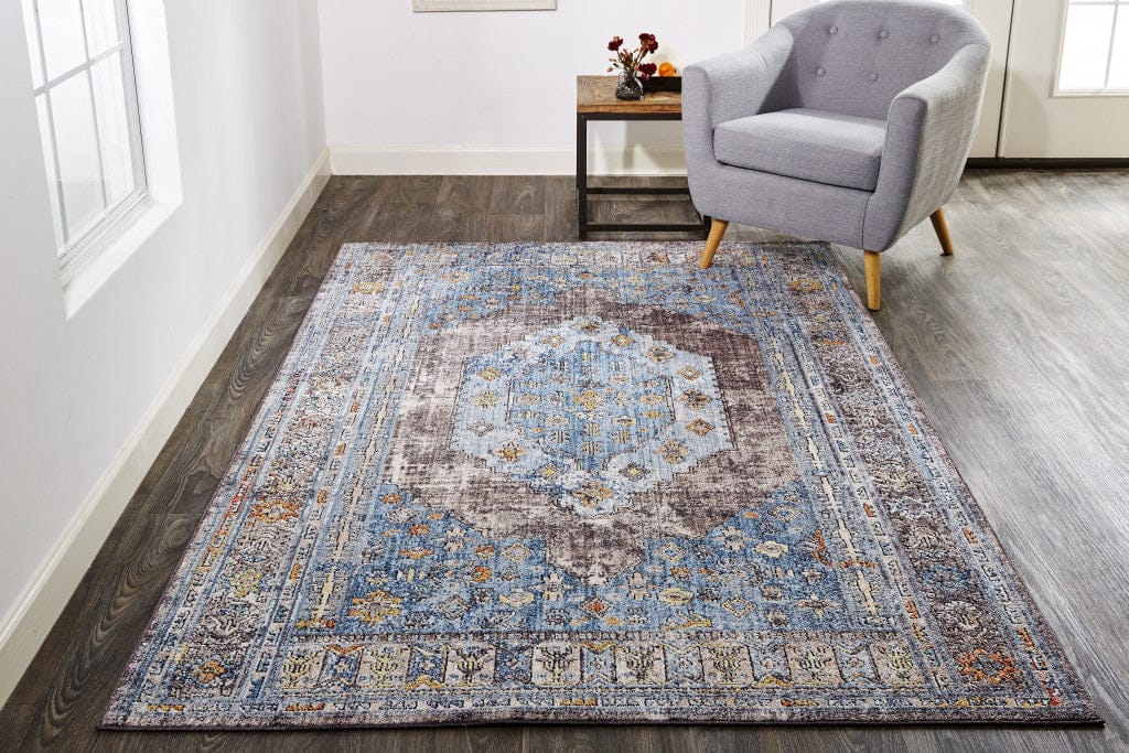 4' X 6' Blue Gray And Gold Floral Stain Resistant Area Rug