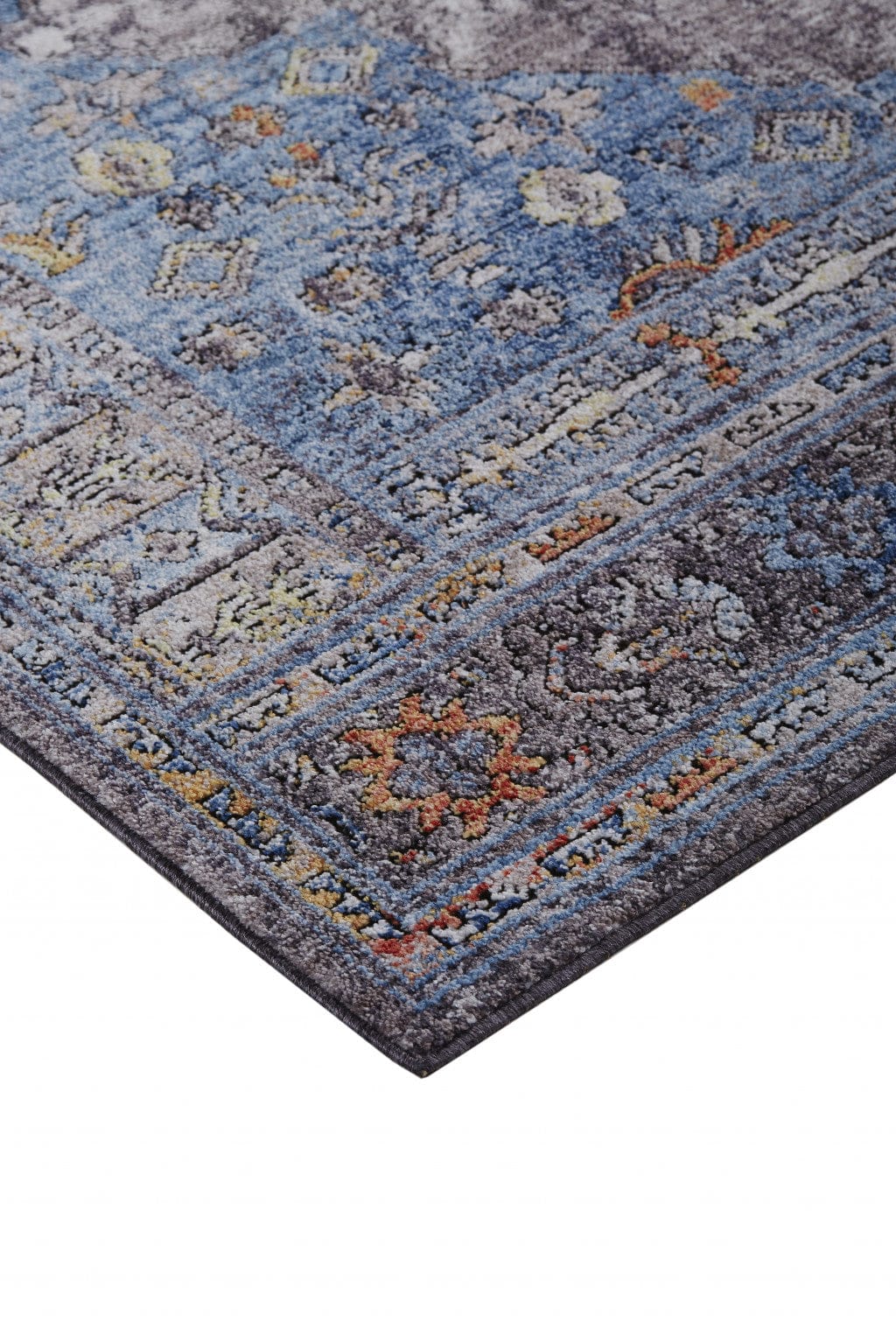 4' X 6' Blue Gray And Gold Floral Stain Resistant Area Rug