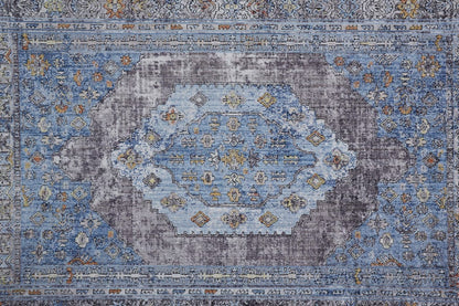 4' X 6' Blue Gray And Gold Floral Stain Resistant Area Rug