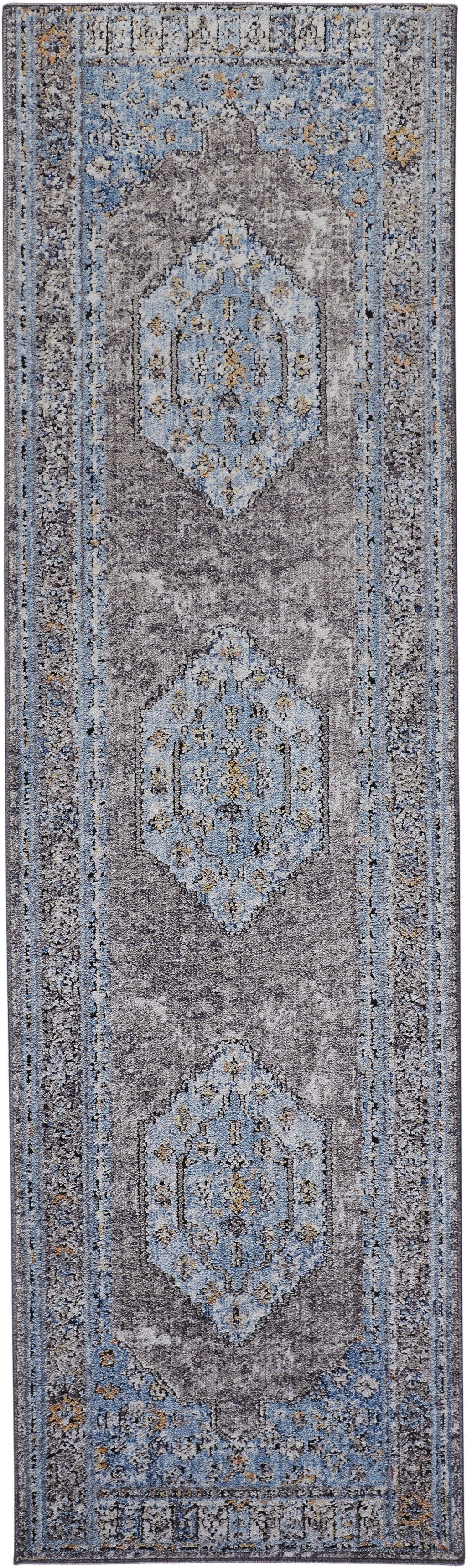 4' X 6' Blue Gray And Gold Floral Stain Resistant Area Rug