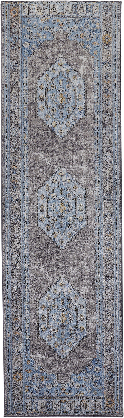 4' X 6' Blue Gray And Gold Floral Stain Resistant Area Rug