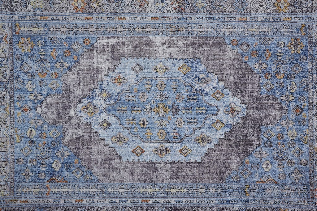 4' X 6' Blue Gray And Gold Floral Stain Resistant Area Rug