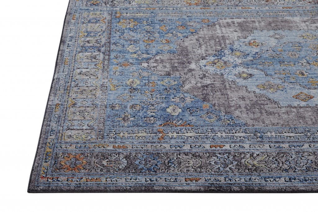 4' X 6' Blue Gray And Gold Floral Stain Resistant Area Rug