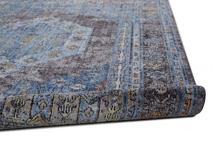 4' X 6' Blue Gray And Gold Floral Stain Resistant Area Rug